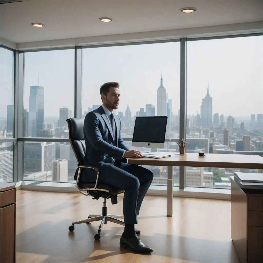 A professional business-themed image illustrating trust and financial expertise. The scene features a confident business professional in a smart suit, sitting at a sleek desk with financial documents, charts, and a laptop. The background shows a modern office with large windows and a view of a city skyline, symbolizing growth and success. The focus should be on the individual's professionalism and the representation of financial services, aligning with the themes of reliability and expertise.