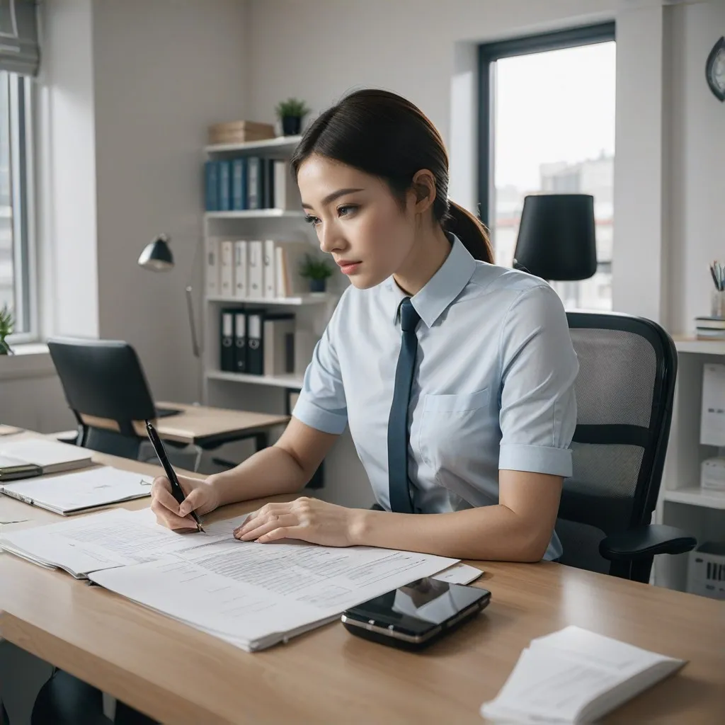 An image depicting a modern and professional office environment with a desk, a computer, and business-related documents neatly organized. The scene should include a close-up of a hand holding a pen, poised over a notepad, symbolizing active communication and attentiveness. In the background, there could be subtle visual hints of a business setting, such as shelves with neatly arranged folders or a board with financial charts, reinforcing the theme of accounting services. The setting should evoke trust and professionalism, aligning with the idea of reliable contact and accessible support for clients.