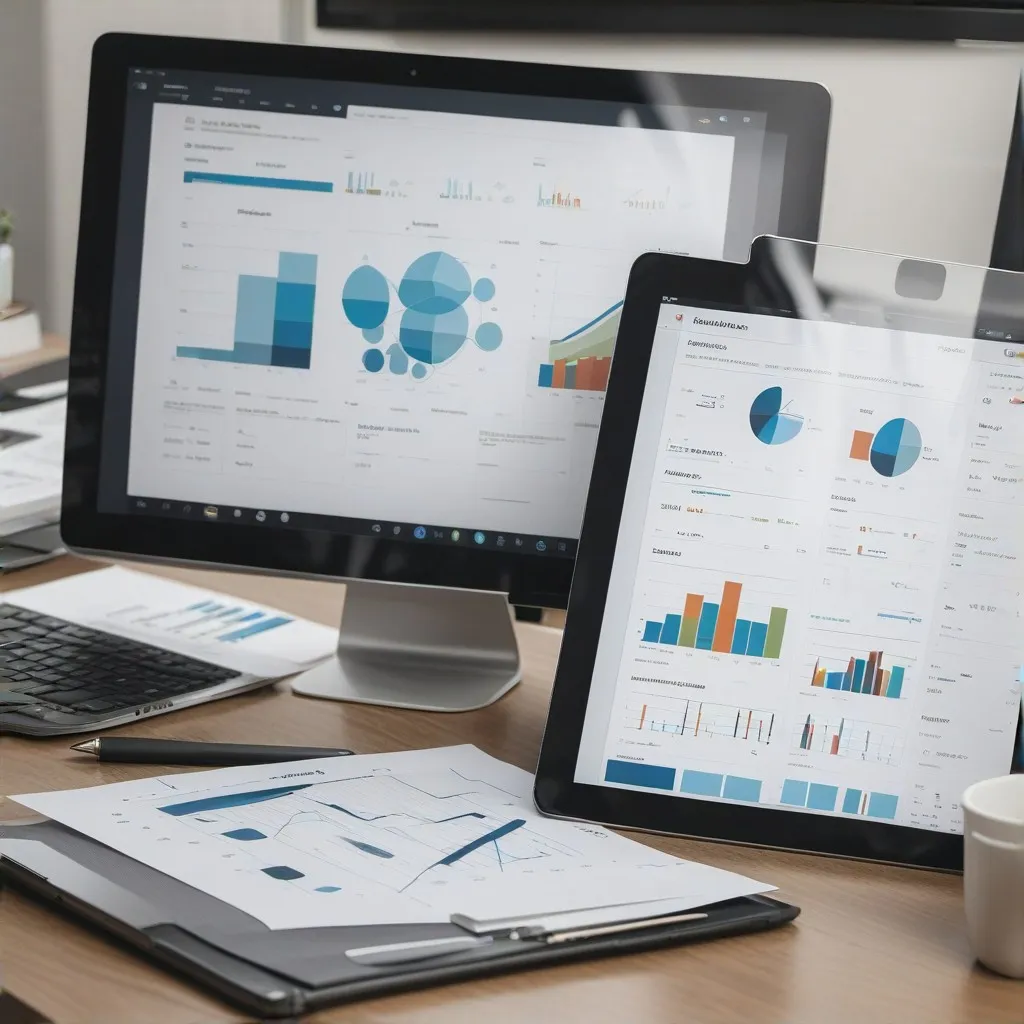 A professional scene showcasing a modern office environment with a focus on business accounting. In the foreground, a confident accountant is interacting with a client, gesturing towards financial documents or graphs displayed on a tablet or a desk. The background features a clean, organized workspace with elements like file cabinets, computer monitors, and neatly stacked documents, symbolizing professionalism and efficiency. The atmosphere conveys trust, expertise, and the value of tailored accounting services for businesses and individuals.