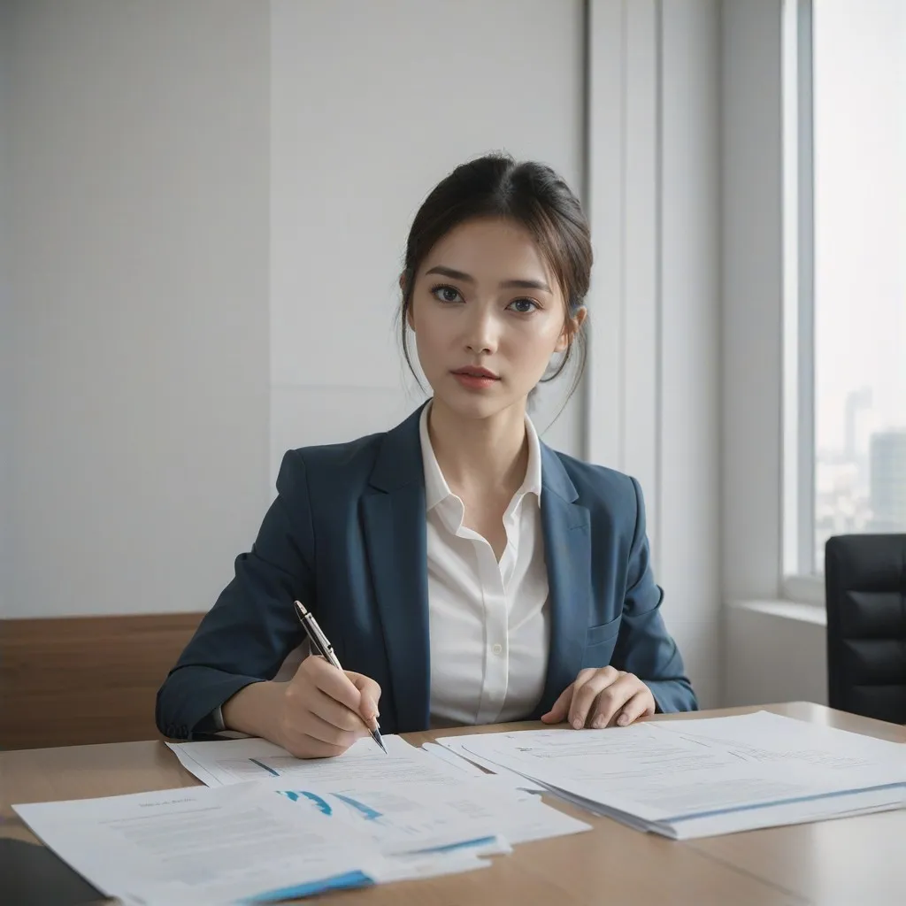 A conceptual illustration of a business professional in formal attire reviewing a contract document, with a focused expression. The background could include abstract elements such as icons of business agreements or legal symbols, emphasizing the importance of understanding terms and obligations within the agreement.